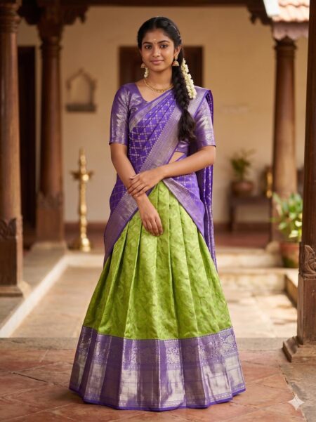 Parrot green kanchipuram silk zari half saree (lehenga choli and dupatta)
