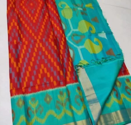 Red and blue Ikkat printed handloom soft silk saree