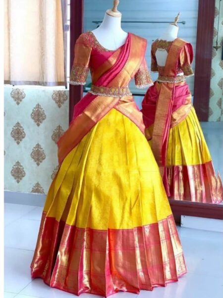Yellow and red Kanchipuram silk zari half saree (lehenga choli and dupatta)
