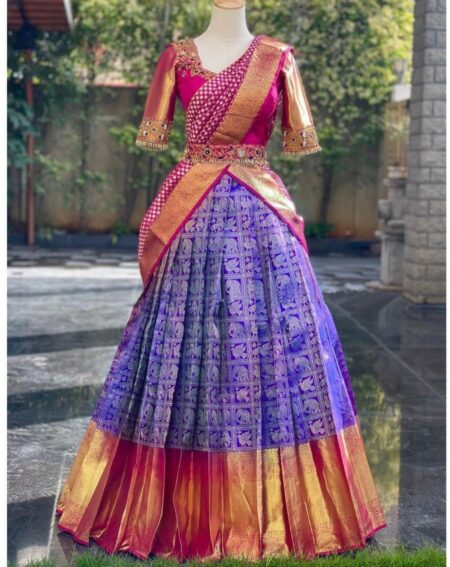 Blue and red kanchipuram silk zari half saree (lehenga choli and dupatta)