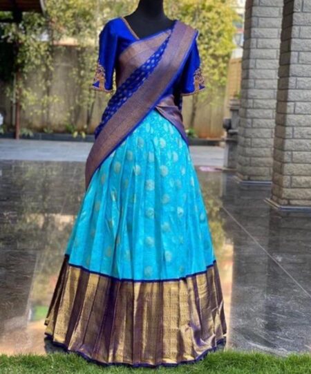 Sky Blue and dark blue kanchipuram silk zari half saree (lehenga choli and dupatta)