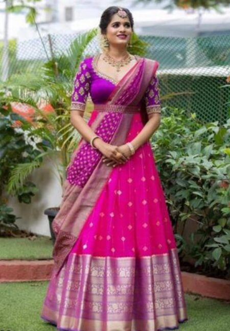 Pink and violet kanchipuram silk zari half saree (lehenga choli and dupatta)