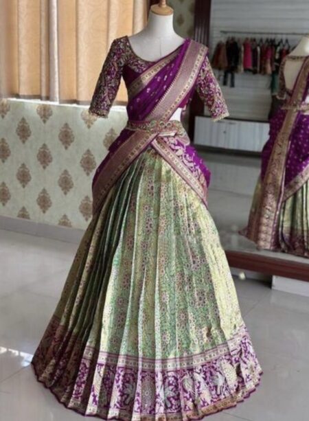 Purple and light green kanchipuram silk zari half saree (lehenga choli and dupatta)