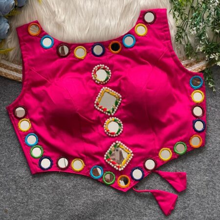 Sleeveless pink readymade blouse with mirror work