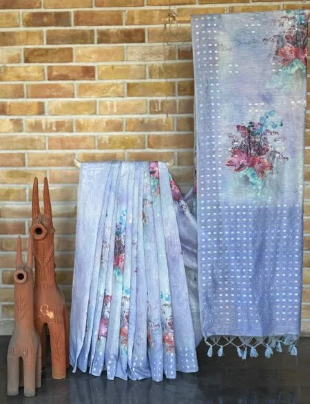 Soft linen silk digital printed saree with Kasab polka dots woven border