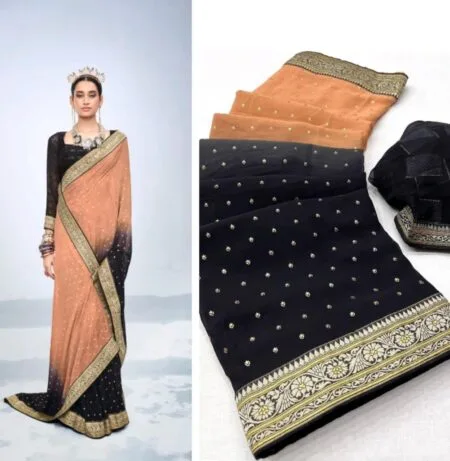 Double Colour Lace Border Foil Work Saree