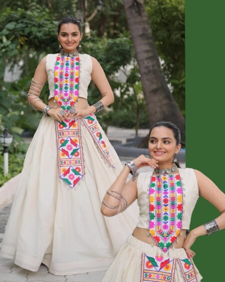 Kora Cotton and Kutchi Gamthi Work lehenga choli