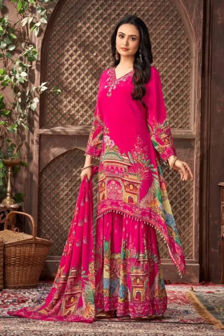 Pink faux georgette digital printed real mirror work top and palazzo set with dupatta