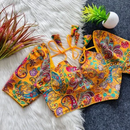 Silk flower printed and embroidery work ready made blouse