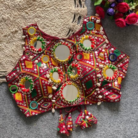 Soft silk readymade blouse with embroidery and real mirror and shell work