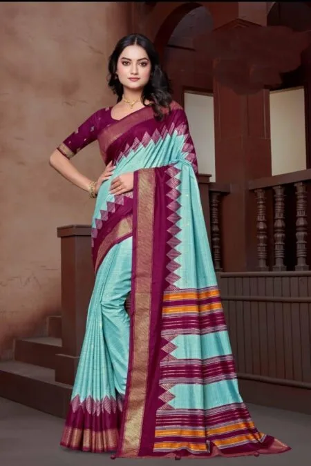 Traditional Light blue bhagalpuri saree with contrast blouse
