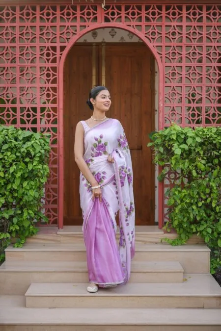 Tebi silk saree with moti handwork  on pallu and satin silk blouse