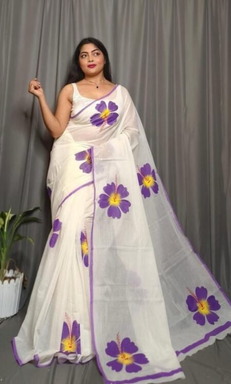 Linen saree with flowers