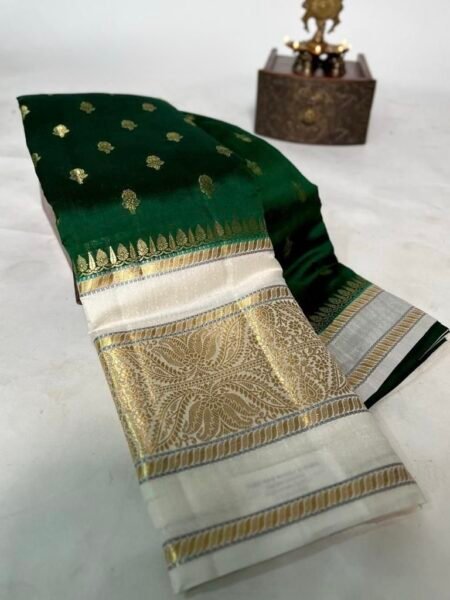 Semi Banarasi silk saree dark green with white border