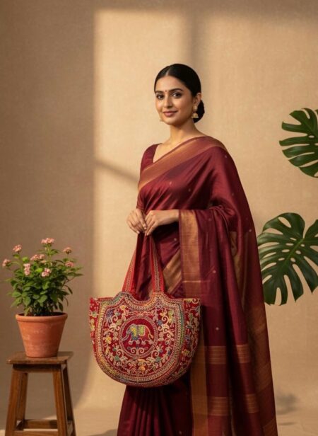 Rajasthan velvet embroidered red handbag