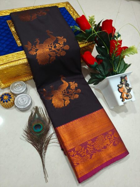 Black with antique gold zari Arani soft silk saree