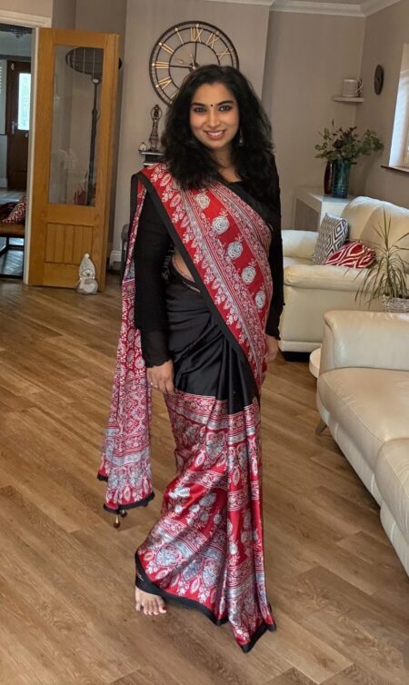 Ajrakh print satin saree