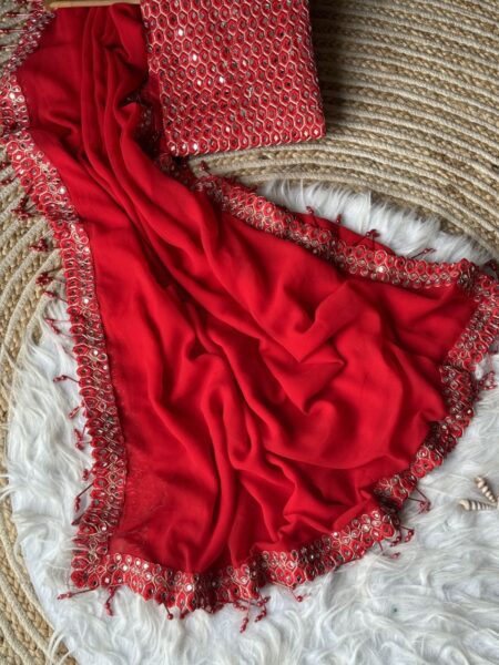 Georgette Heavy Mirror Work Saree With Mirror Work Embroidered Blouse