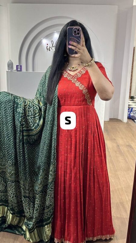 Red Gown with contrast green dupatta