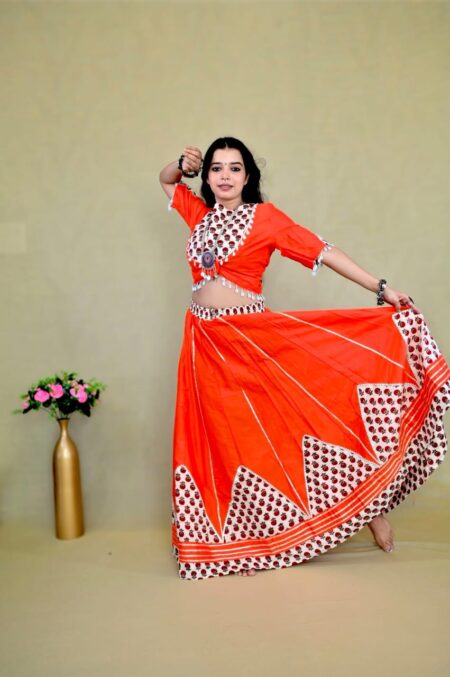 Hand Crafted cotton Printed Top & Skirt with Mulmul Dupatta