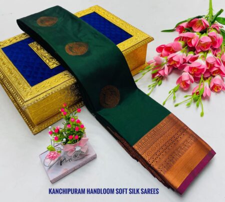 Dark bottle green with antique gold zari soft handloom Kanchipuram silk saree