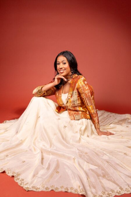 Banarasi silk jacket with crop top and flared skirt