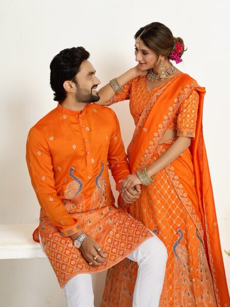 Couple combo Silk embroidered lehenga choli and silk kurta