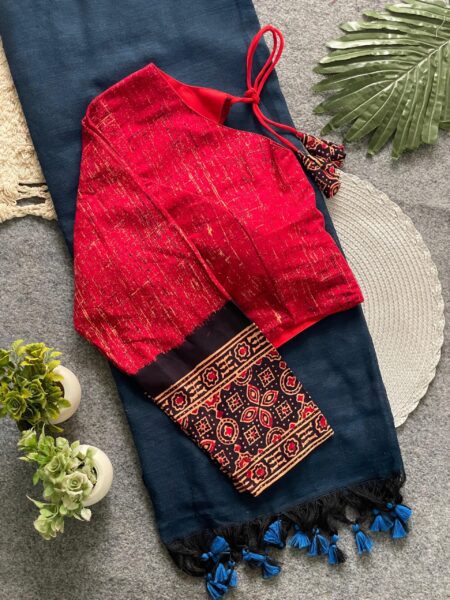 Khadi cotton saree with ready made ajrakh blouse