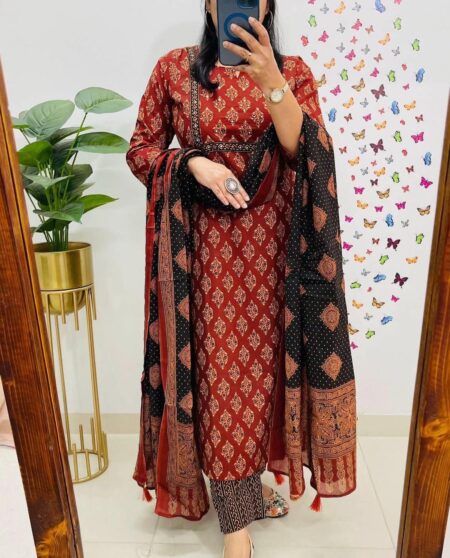 Cotton Ajrakh print kurta pant and dupatta set