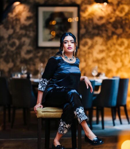 Black satin coord set with embroidery