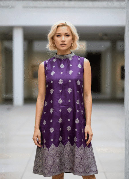 Wine and Silver Banarasi Silk Halter Neck Dress