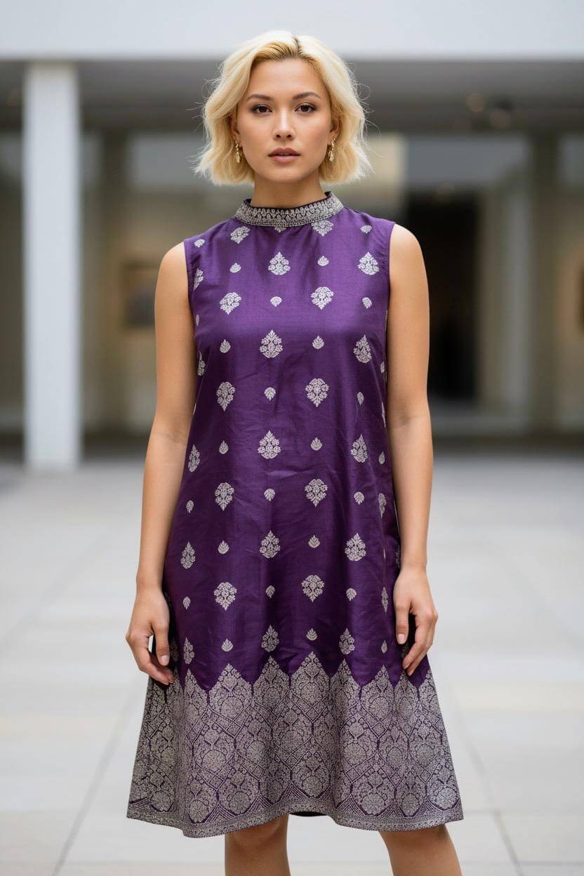 Wine and silver Banarasi silk halter neck dress