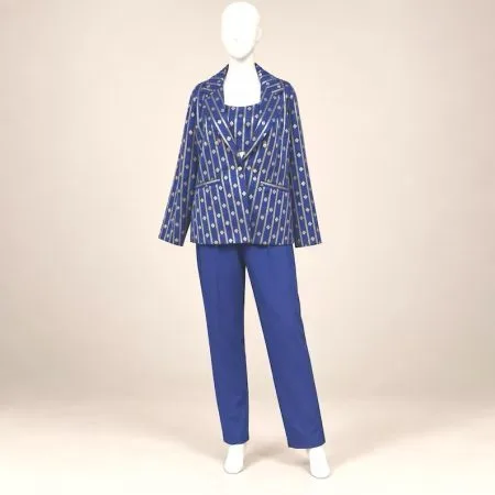 Royal Blue Banarasi Brocade Trouser Suit, 3 piece Blazer Crop Top and Trousers