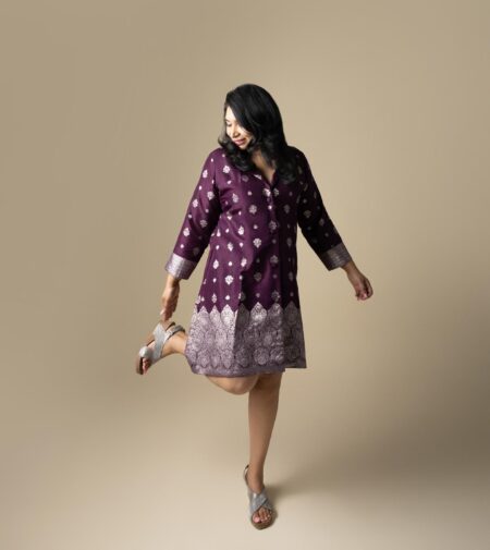 Wine and silver Banarasi Jacket dress