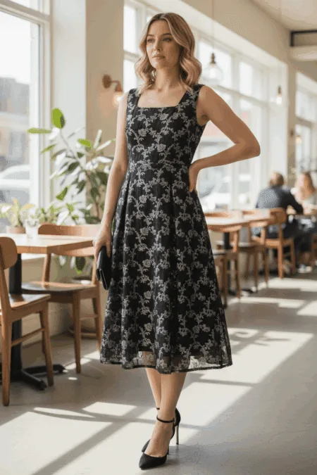 Black Banarasi silk dress with silver brocade