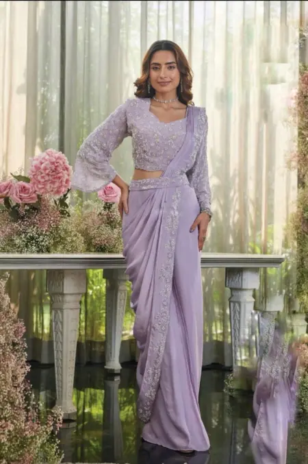 Lavender ready to wear saree with hand work blouse