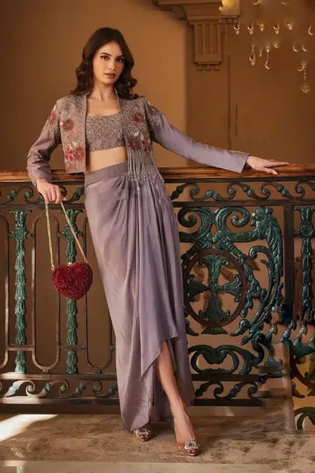 Lilac indo western asymmetry skirt with crop top and Embellished Jacket