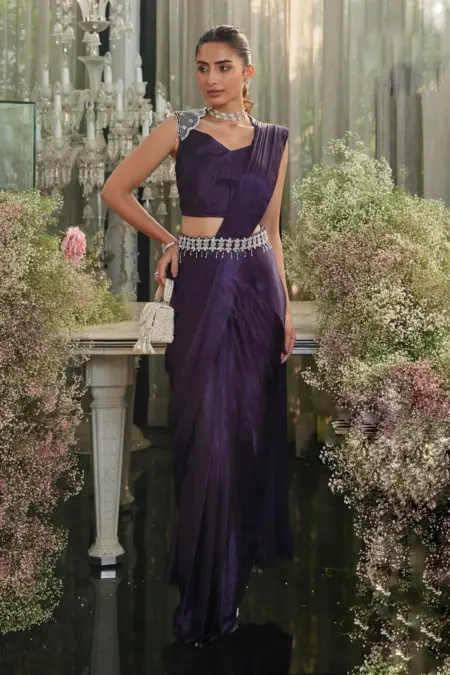 Purple satin pre draped saree