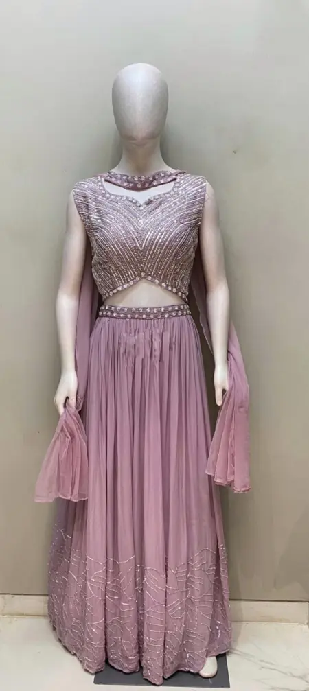 Pink handwork crop top and lehenga with chocker dupatta