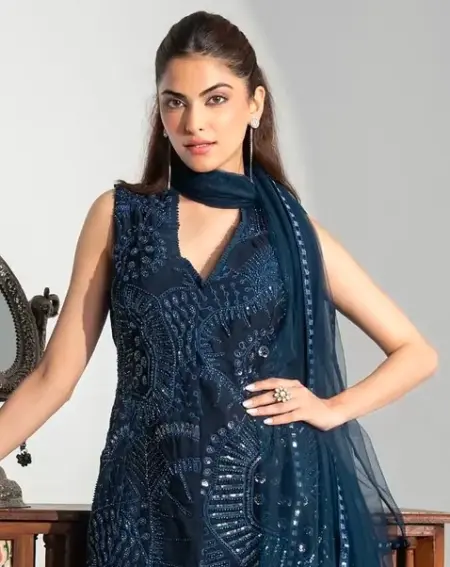 Blue georgette top and sharara set with dupatta