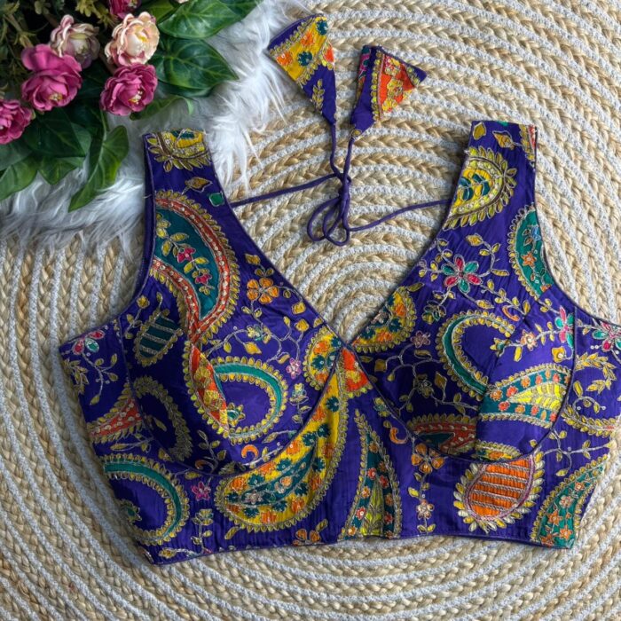 Blue multicolour sabyasachi inspired saree blouse printed crepe silk long blouse