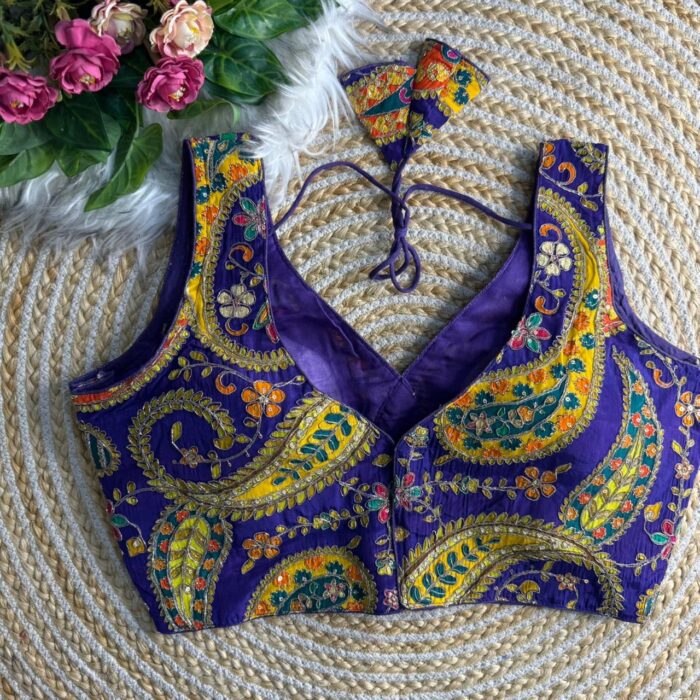 Blue multicolour sabyasachi inspired saree blouse printed crepe silk long blouse