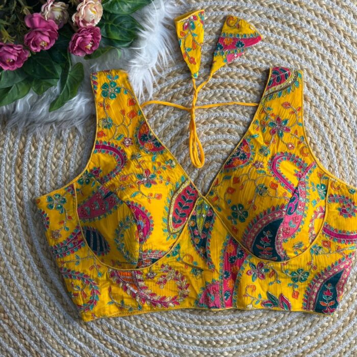 Yellow multicolour sabyasachi inspired saree blouse printed crepe silk long blouse