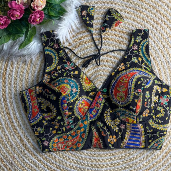 Black multicolour sabyasachi inspired saree blouse printed crepe silk long blouse