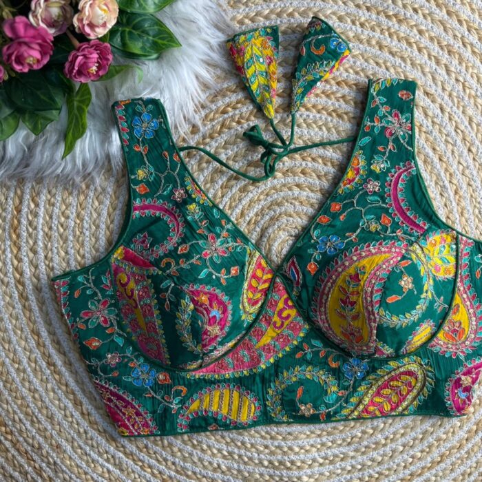 Green multicolour sabyasachi inspired saree blouse printed crepe silk long blouse
