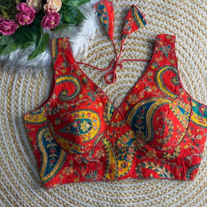 Red multicolour sabyasachi inspired saree blouse printed crepe silk long blouse