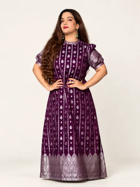 Plum Banarasi Silk Maxi Dress with Puff Sleeves and Zari Ornate Border