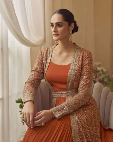 Orange jacket style anarkali gown