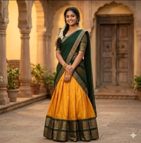 Semi Kanchipuram yellow and bottle green half saree (lehenga choli and dupatta)