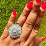 Mint Green American Diamond Floral Statement Ring – Luxury Adjustable Party Ring for Women